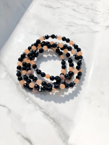 Ginger " Onyx and Peach sunstone" Bracelet Set