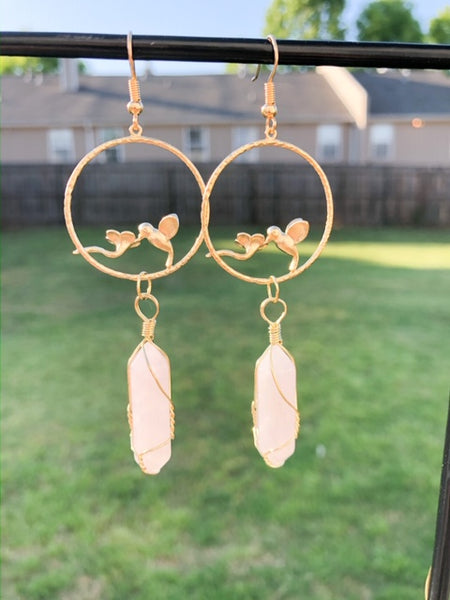 Hummingbird Rose Quartz Hoops