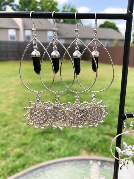 Black Snow Silver Hoops with Onyx Crystals